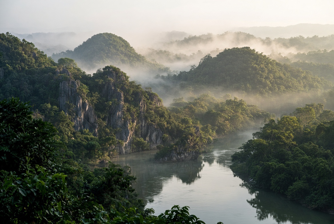 Mist over jungle hills and a river in Cayo