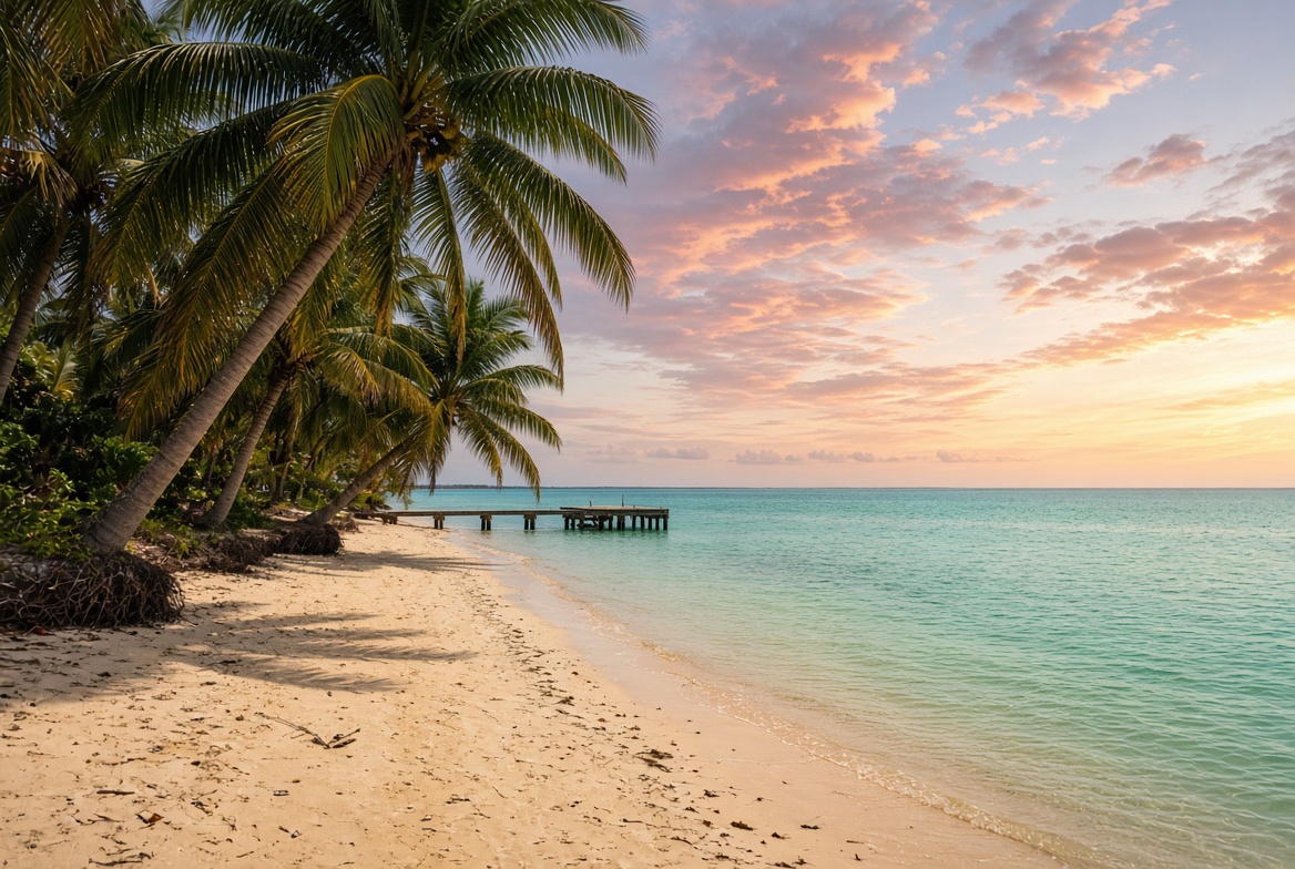 Quiet Belize beach at sunset with a wooden dock