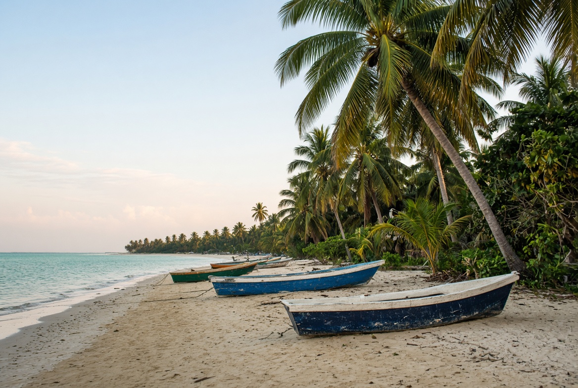 Fishing boats on a palm-lined Belize beach