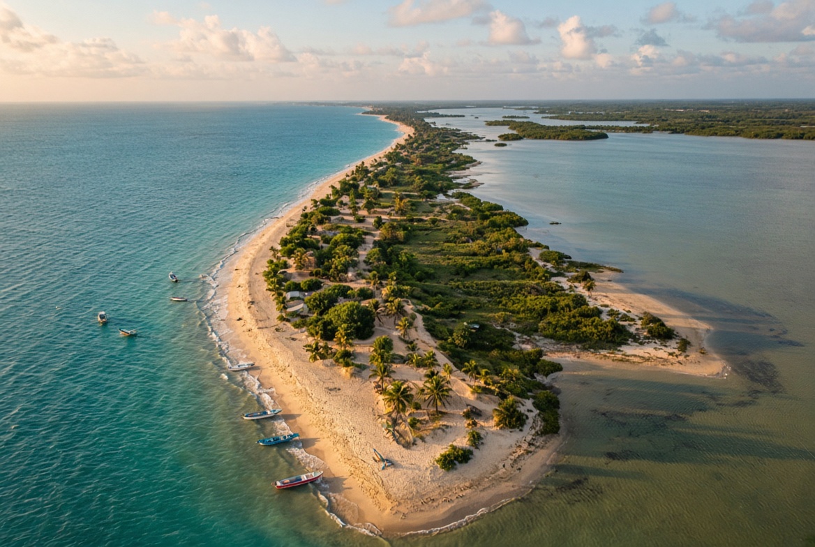 Aerial view of a narrow Belize peninsula between sea and lagoon